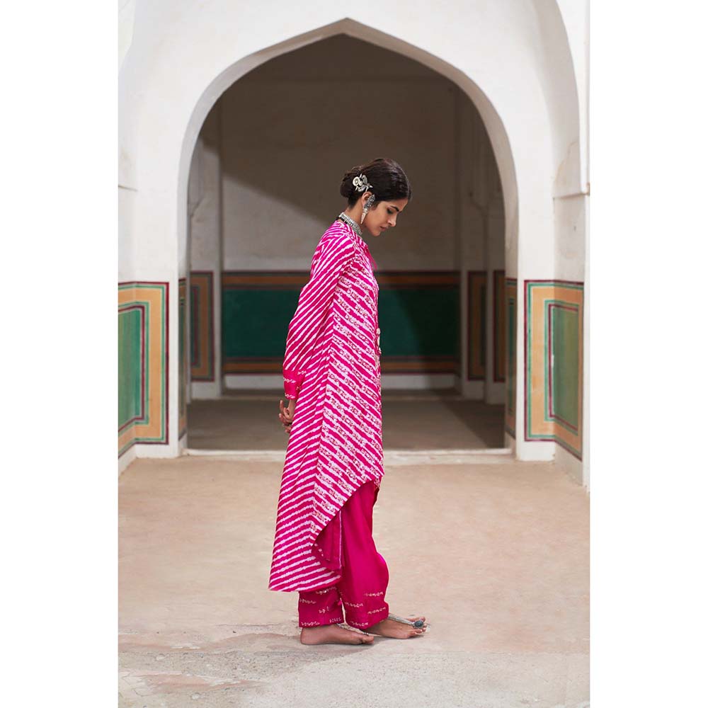 PINK CITY BY SARIKA Women's Leheriya High Low Embellished Kurta and Salwar (Set of 2)