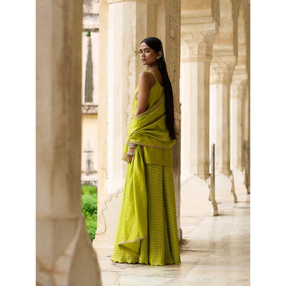 PINK CITY BY SARIKA Green Strappy Sunflower Sharara with Kurta and Dupatta (Set of 3)