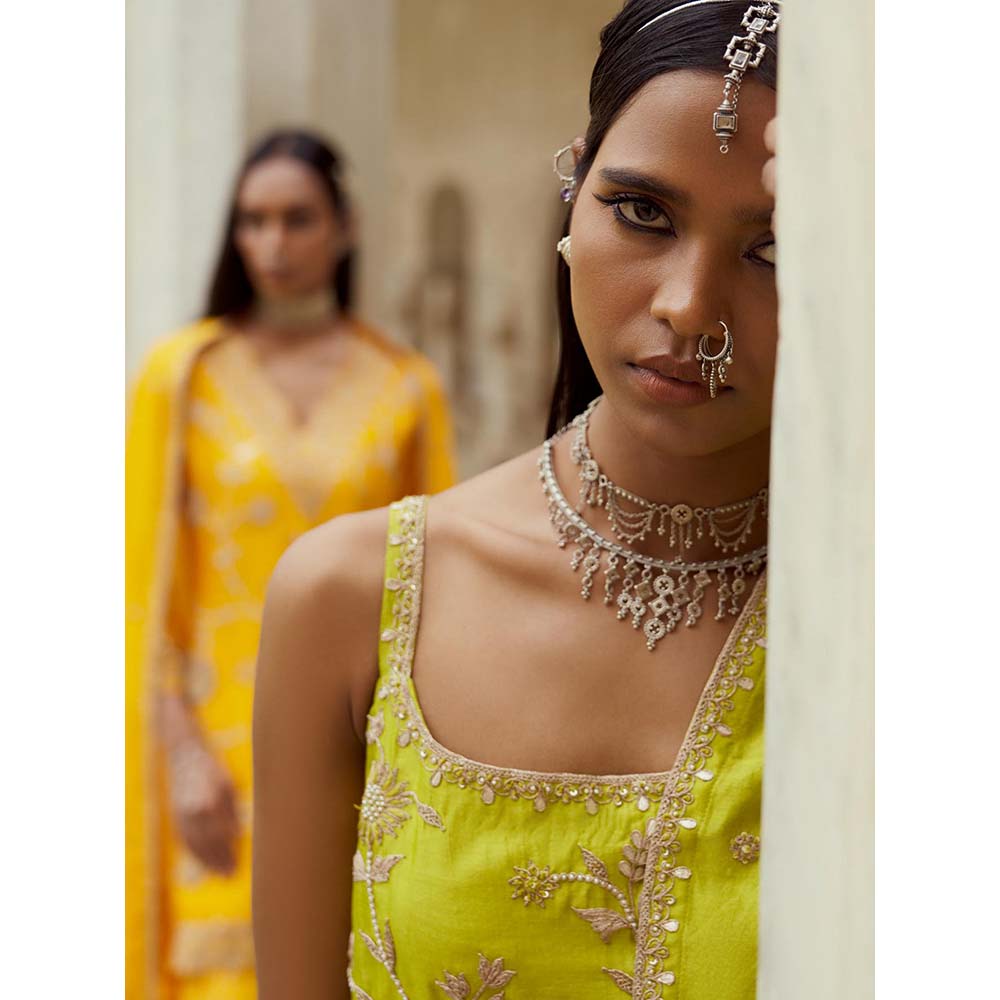 PINK CITY BY SARIKA Green Strappy Sunflower Sharara with Kurta and Dupatta (Set of 3)