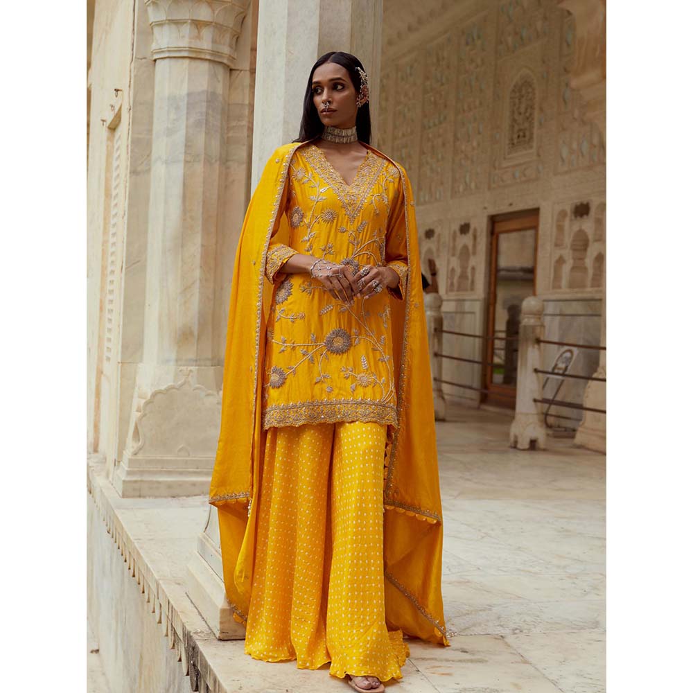 PINK CITY BY SARIKA Yellow Sunflower Sharara with Kurta and Dupatta (Set of 3)