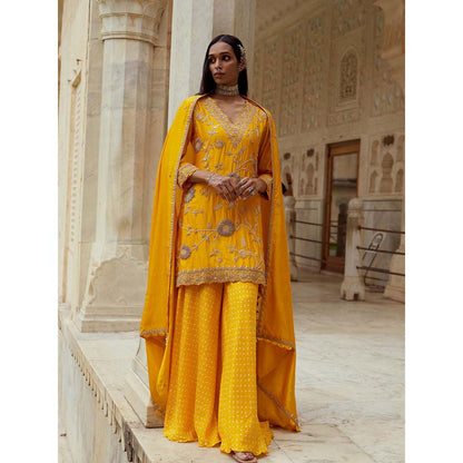 PINK CITY BY SARIKA Yellow Sunflower Sharara with Kurta and Dupatta (Set of 3)