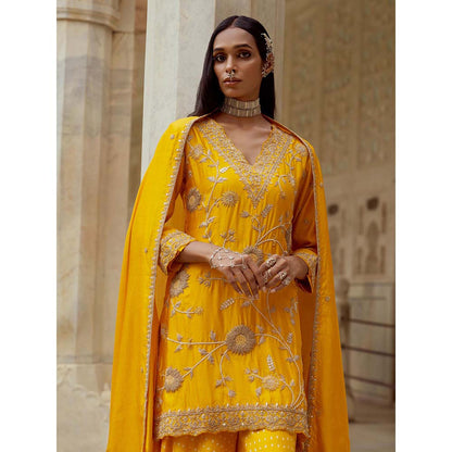 PINK CITY BY SARIKA Yellow Sunflower Sharara with Kurta and Dupatta (Set of 3)