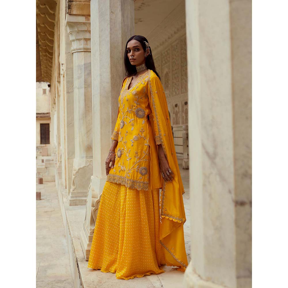 PINK CITY BY SARIKA Yellow Sunflower Sharara with Kurta and Dupatta (Set of 3)