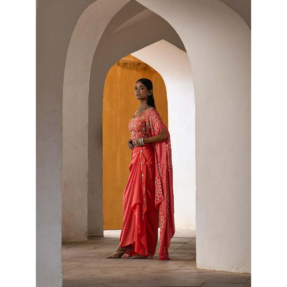 PINK CITY BY SARIKA Peach Suraj Mukhi Cape with Blouse and Skirt (Set of 3)