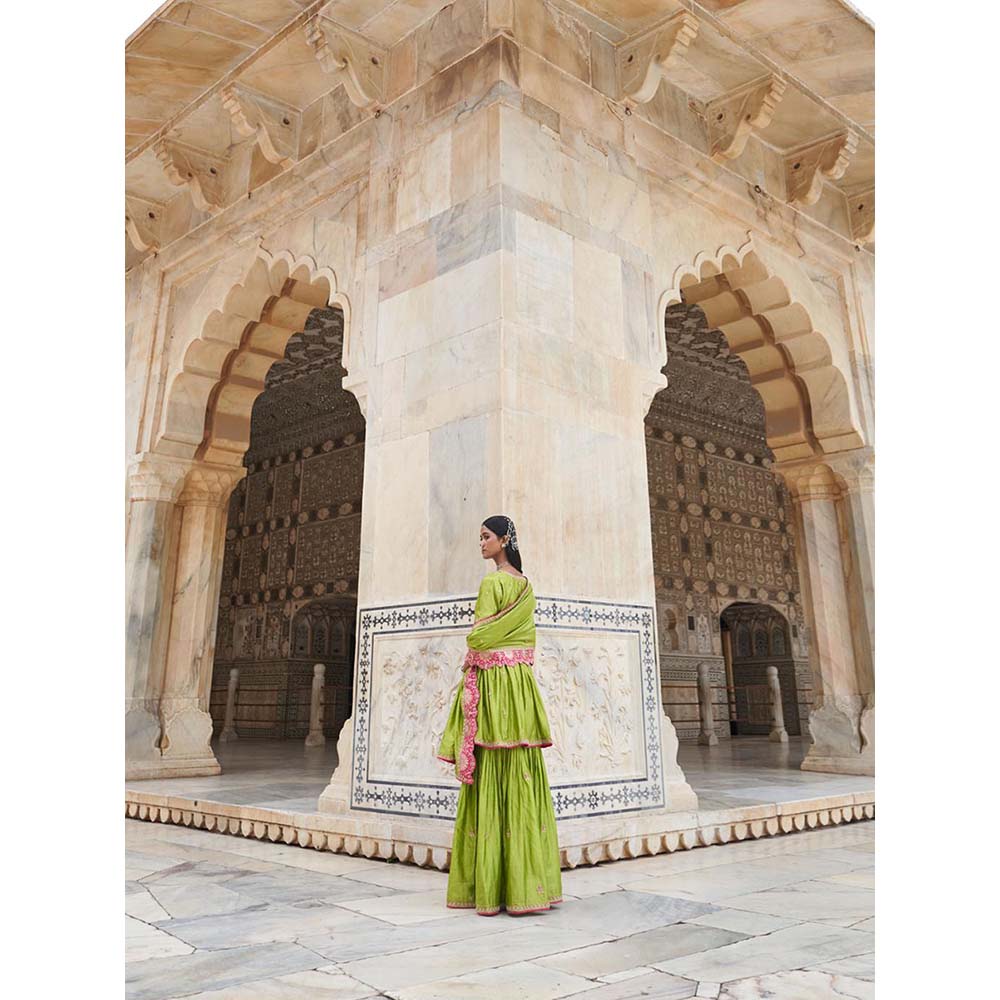 PINK CITY BY SARIKA Green Suraj Mukhi Angrakha with Sharara and Dupatta (Set of 3)