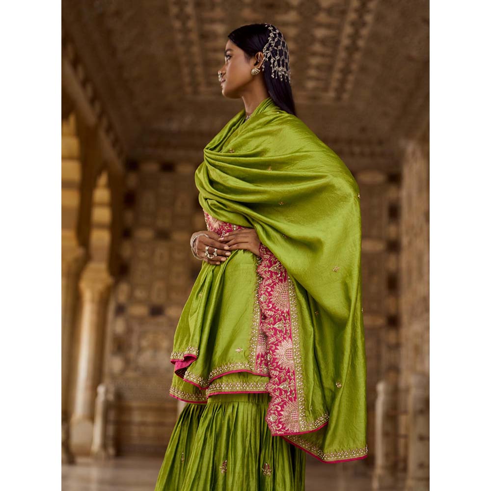 PINK CITY BY SARIKA Green Suraj Mukhi Angrakha with Sharara and Dupatta (Set of 3)