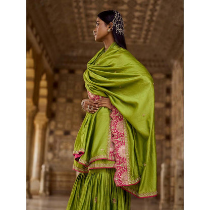 PINK CITY BY SARIKA Green Suraj Mukhi Angrakha with Sharara and Dupatta (Set of 3)