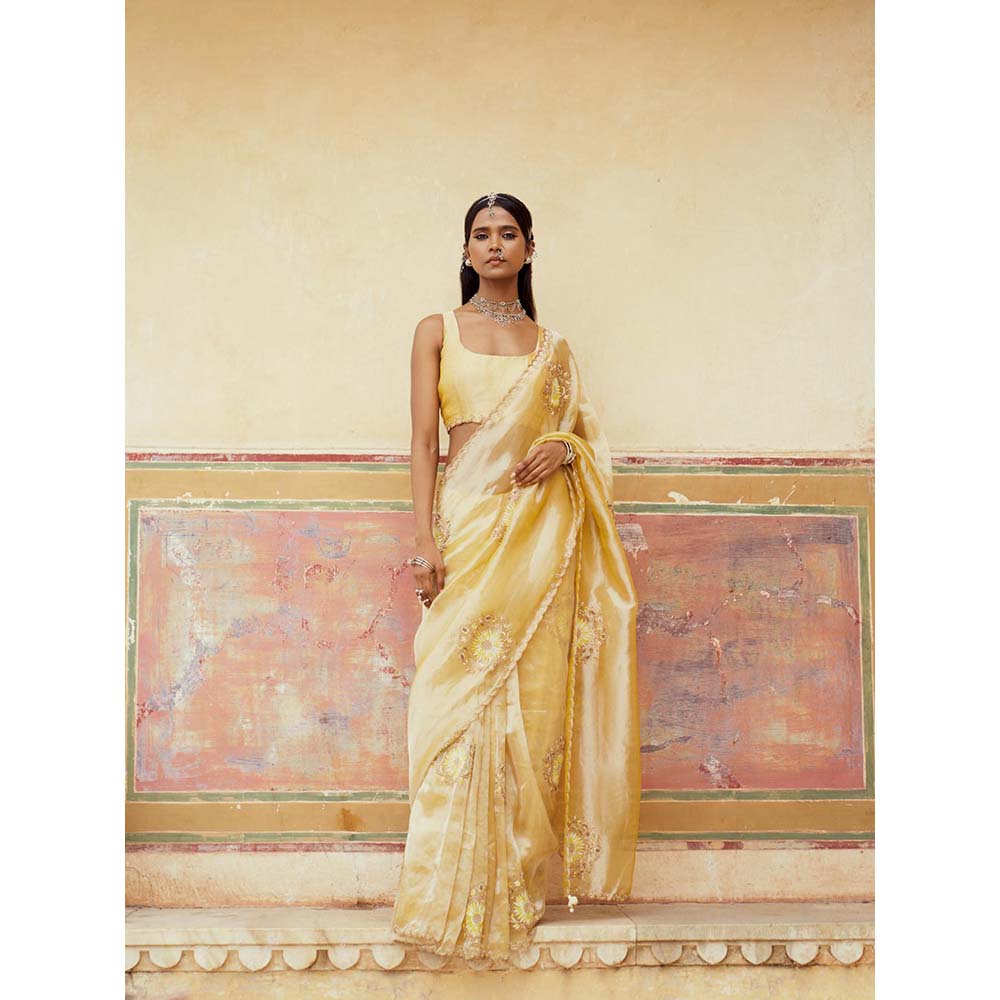 PINK CITY BY SARIKA Yellow Embroidered Saree with Unstitched Blouse