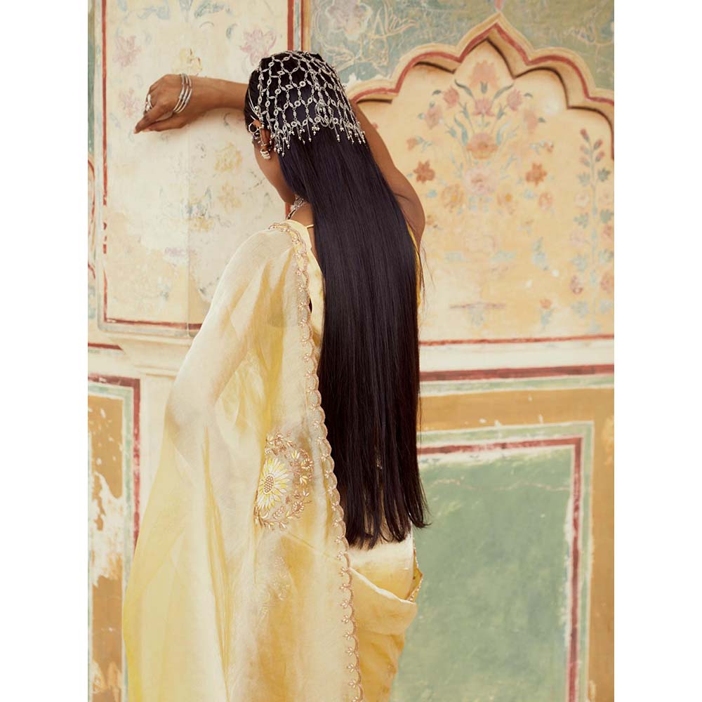 PINK CITY BY SARIKA Yellow Embroidered Saree with Unstitched Blouse