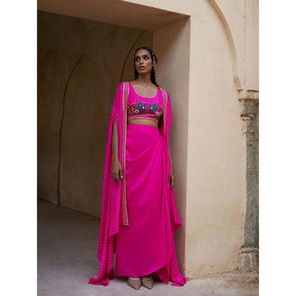 PINK CITY BY SARIKA Pink Boho Peacock Cape with Blouse and Skirt (Set of 3)