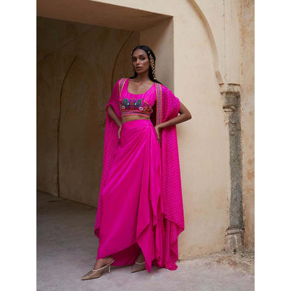 PINK CITY BY SARIKA Pink Boho Peacock Cape with Blouse and Skirt (Set of 3)