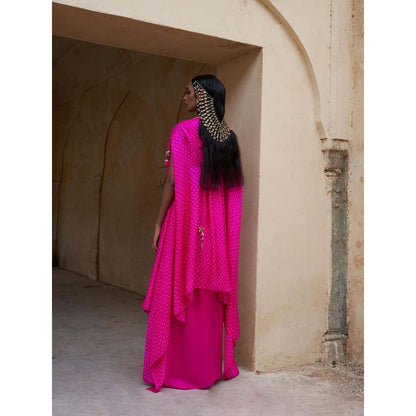 PINK CITY BY SARIKA Pink Boho Peacock Cape with Blouse and Skirt (Set of 3)