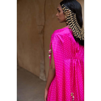 PINK CITY BY SARIKA Pink Boho Peacock Cape with Blouse and Skirt (Set of 3)