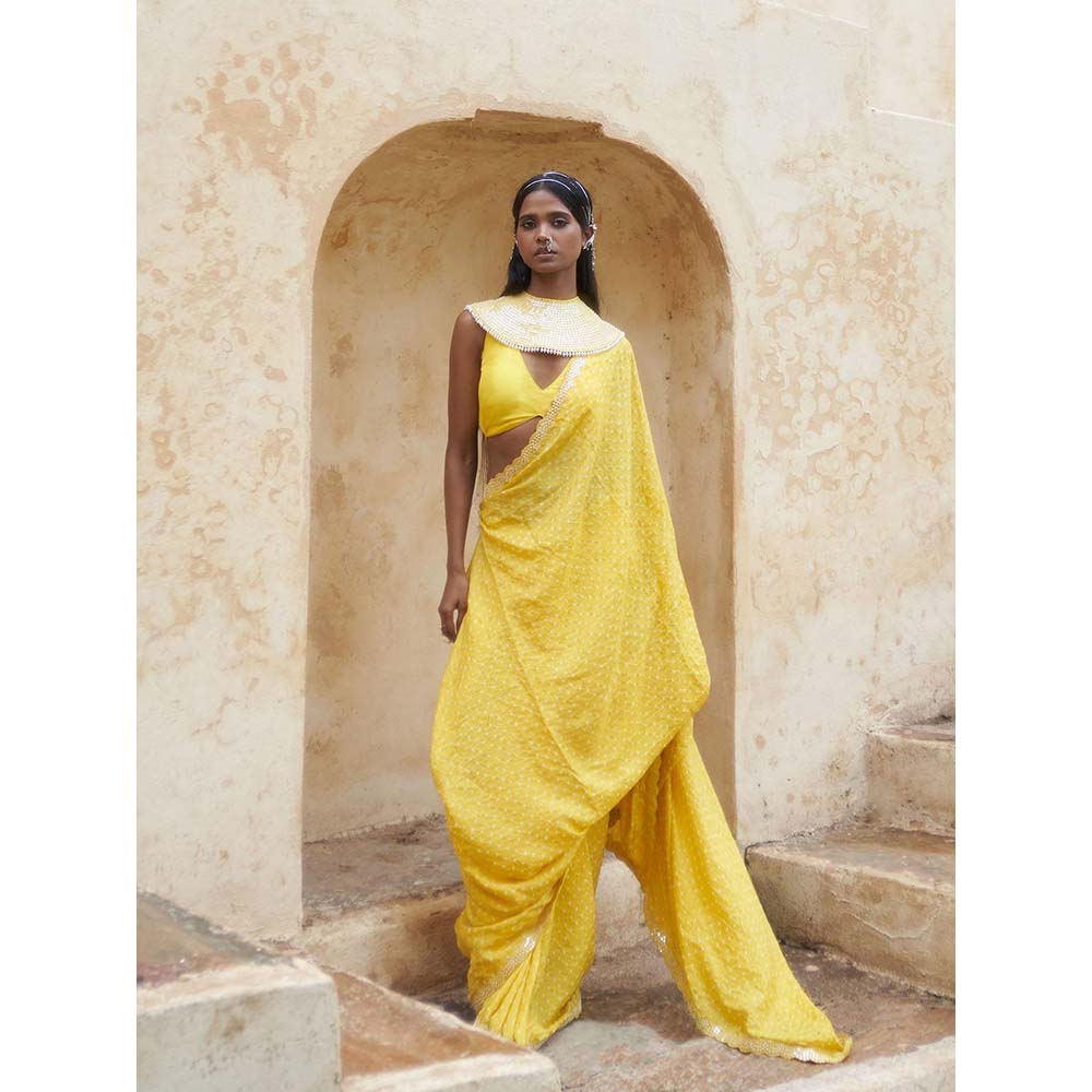 PINK CITY BY SARIKA Yellow Bandani Saree with Unstitched Blouse and Collar