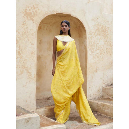 PINK CITY BY SARIKA Yellow Bandani Saree with Unstitched Blouse and Collar