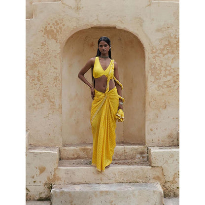 PINK CITY BY SARIKA Yellow Bandani Saree with Unstitched Blouse and Collar