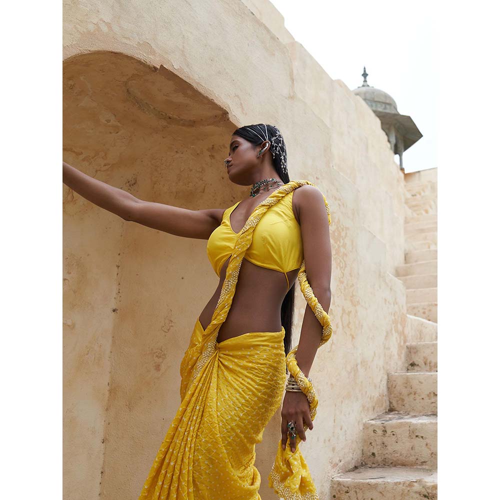 PINK CITY BY SARIKA Yellow Bandani Saree with Unstitched Blouse and Collar