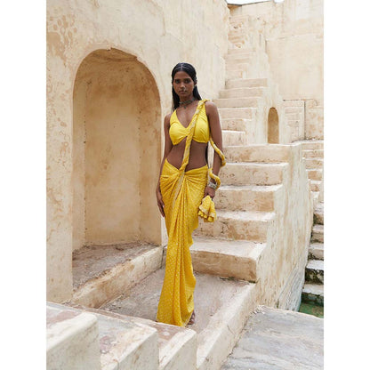PINK CITY BY SARIKA Yellow Bandani Saree with Unstitched Blouse and Collar