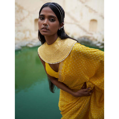 PINK CITY BY SARIKA Yellow Bandani Saree with Unstitched Blouse and Collar