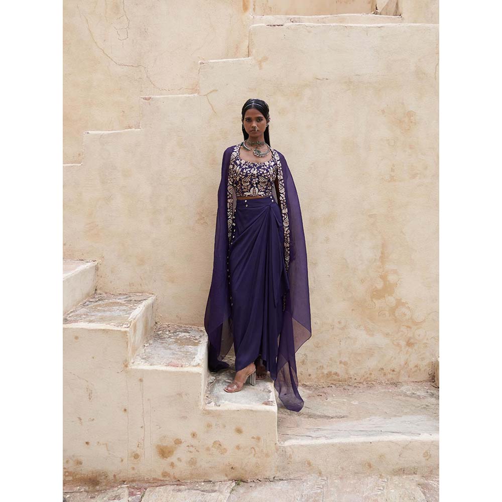 PINK CITY BY SARIKA Royal Blue Skirt with Blouse and Cape (Set of 3)