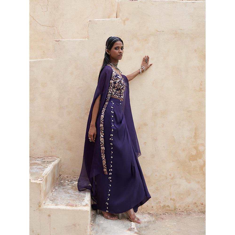 PINK CITY BY SARIKA Royal Blue Skirt with Blouse and Cape (Set of 3)