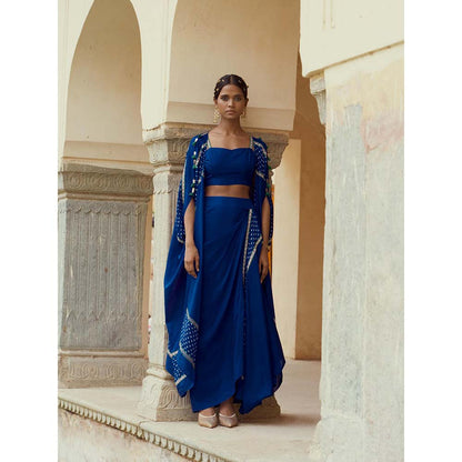 PINK CITY BY SARIKA Teal Blouse with Skirt, Cape and One Shoulder Cape (Set of 4)