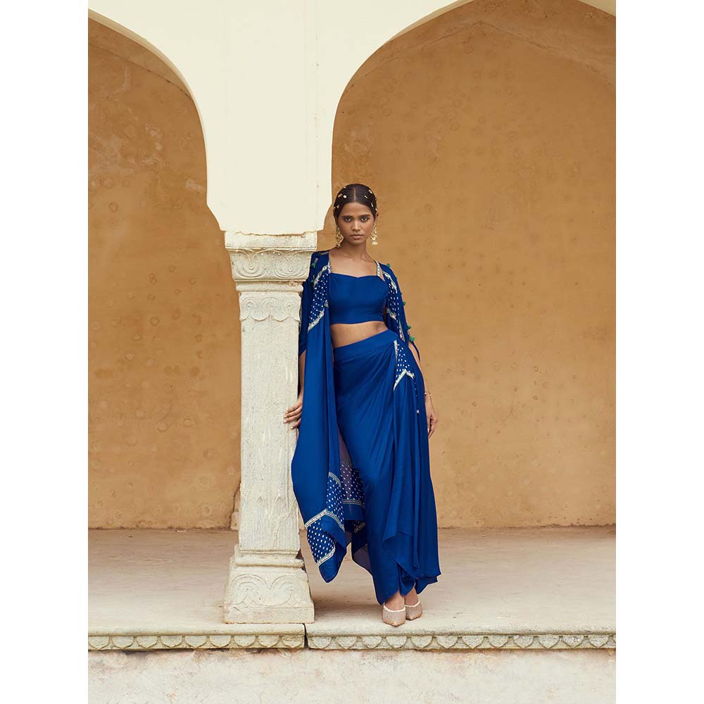 PINK CITY BY SARIKA Teal Blouse with Skirt, Cape and One Shoulder Cape (Set of 4)