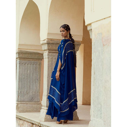 PINK CITY BY SARIKA Teal Blouse with Skirt, Cape and One Shoulder Cape (Set of 4)