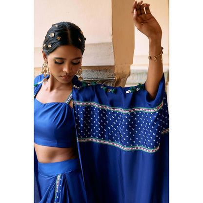 PINK CITY BY SARIKA Teal Blouse with Skirt, Cape and One Shoulder Cape (Set of 4)