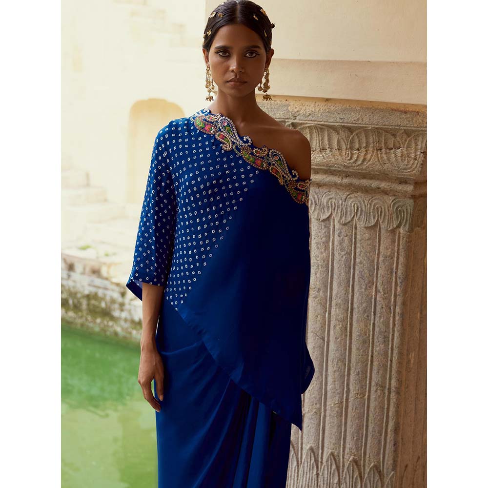 PINK CITY BY SARIKA Teal Blouse with Skirt, Cape and One Shoulder Cape (Set of 4)