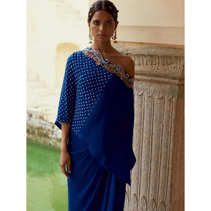 PINK CITY BY SARIKA Teal Blouse with Skirt, Cape and One Shoulder Cape (Set of 4)