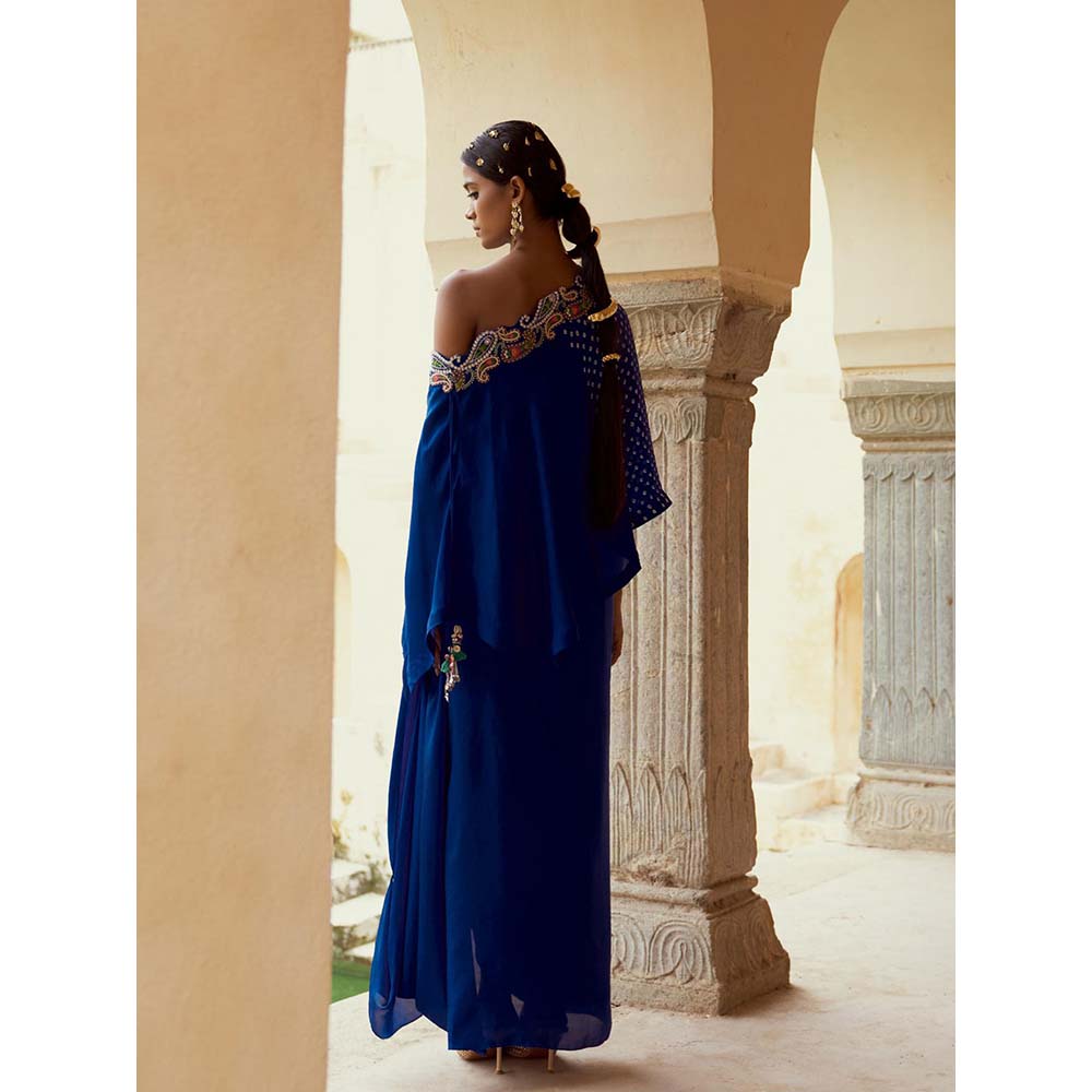 PINK CITY BY SARIKA Teal Blouse with Skirt, Cape and One Shoulder Cape (Set of 4)