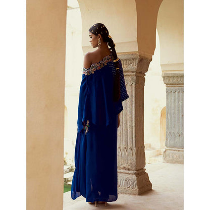 PINK CITY BY SARIKA Teal Blouse with Skirt, Cape and One Shoulder Cape (Set of 4)