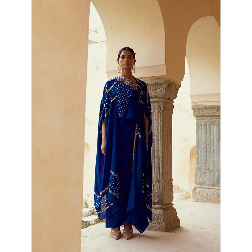 PINK CITY BY SARIKA Teal Blouse with Skirt, Cape and One Shoulder Cape (Set of 4)