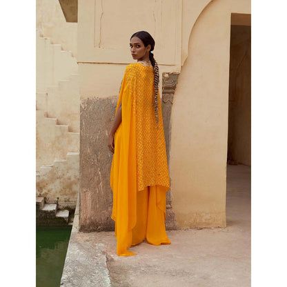 PINK CITY BY SARIKA Yellow Blouse with Skirt, Cape, Drape and Potli (Set of 5)