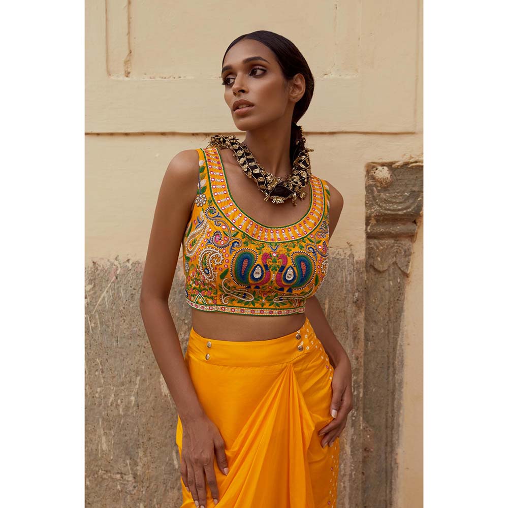 PINK CITY BY SARIKA Yellow Blouse with Skirt, Cape, Drape and Potli (Set of 5)