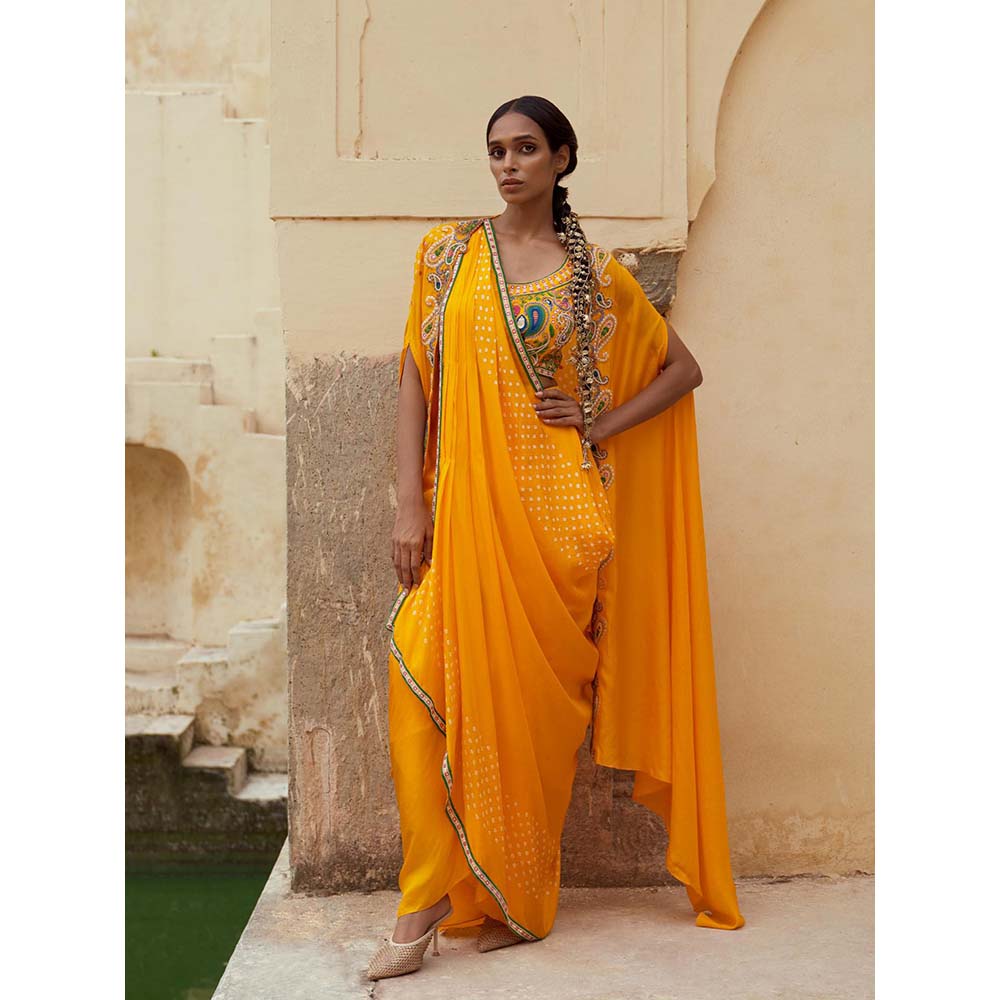 PINK CITY BY SARIKA Yellow Blouse with Skirt, Cape, Drape and Potli (Set of 5)