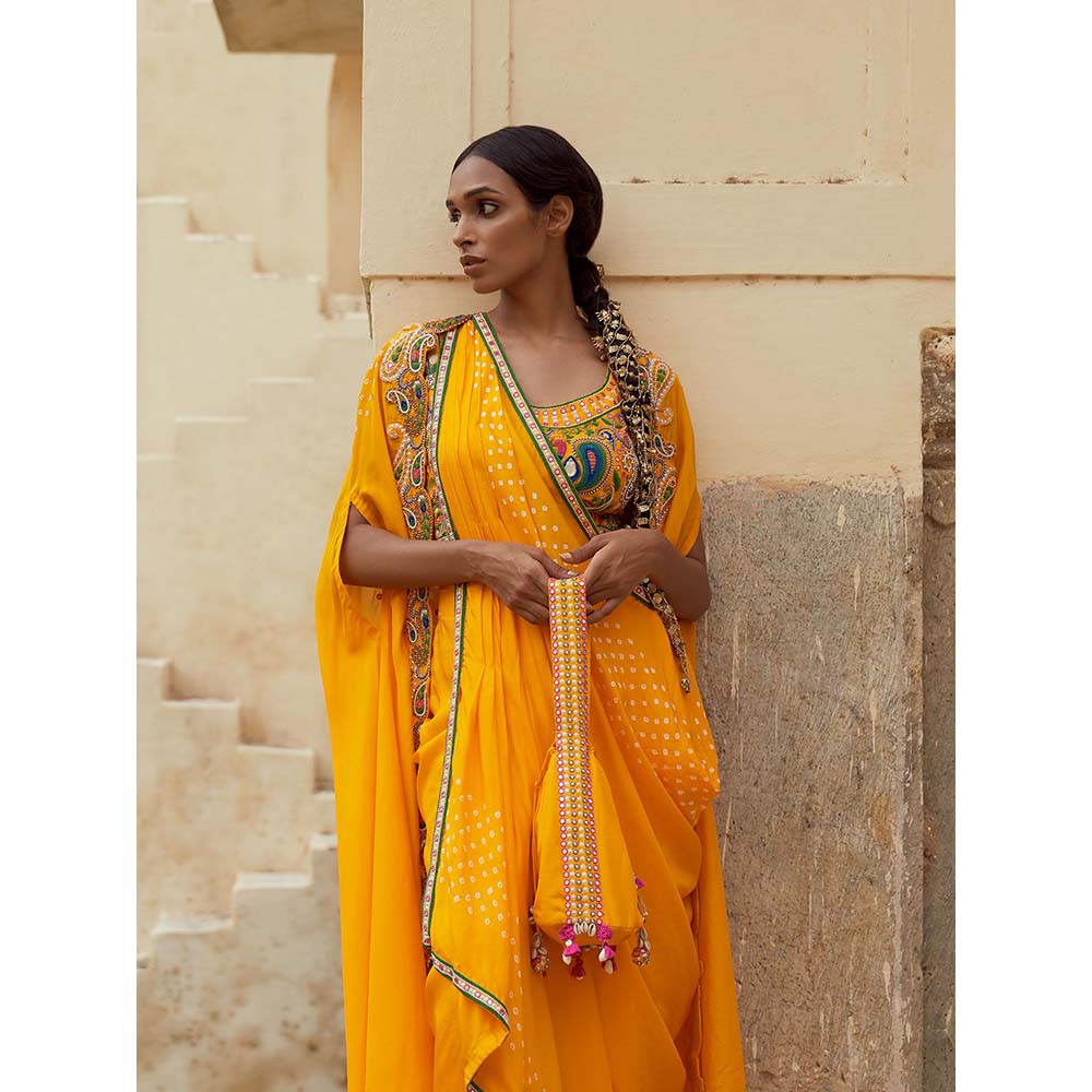 PINK CITY BY SARIKA Yellow Blouse with Skirt, Cape, Drape and Potli (Set of 5)