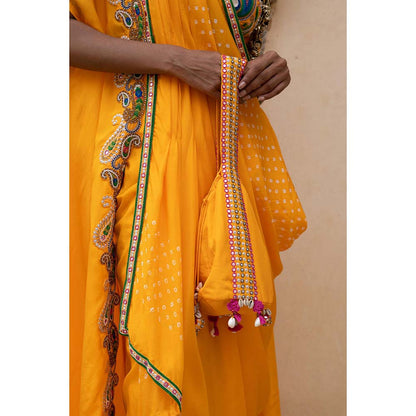 PINK CITY BY SARIKA Yellow Blouse with Skirt, Cape, Drape and Potli (Set of 5)