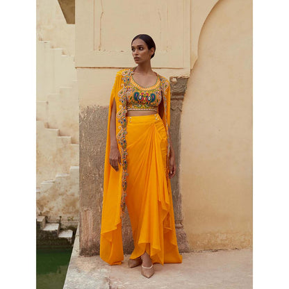 PINK CITY BY SARIKA Yellow Blouse with Skirt and Cape (Set of 3)