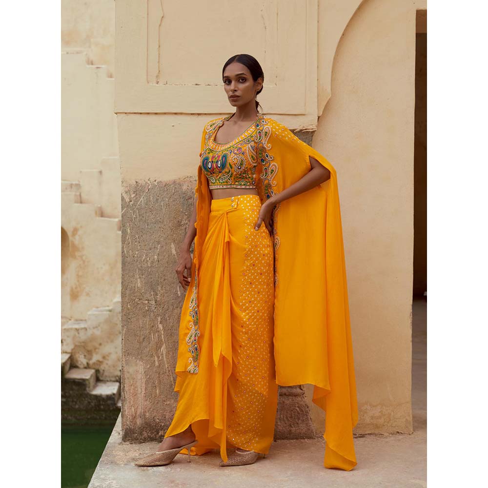 PINK CITY BY SARIKA Yellow Blouse with Skirt and Cape (Set of 3)
