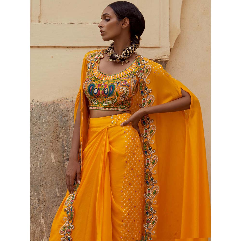 PINK CITY BY SARIKA Yellow Blouse with Skirt and Cape (Set of 3)