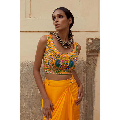 PINK CITY BY SARIKA Yellow Blouse with Skirt and Cape (Set of 3)