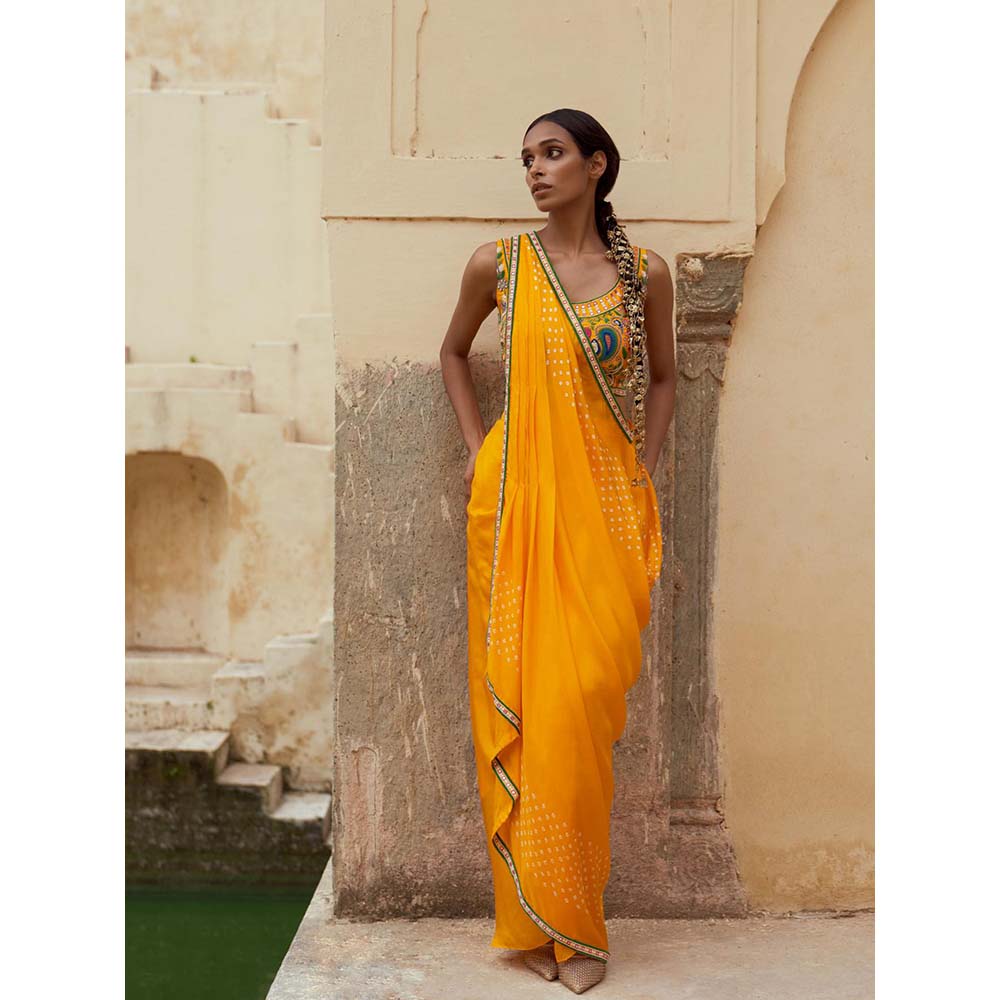 PINK CITY BY SARIKA Yellow Blouse with Skirt and Drape (Set of 3)