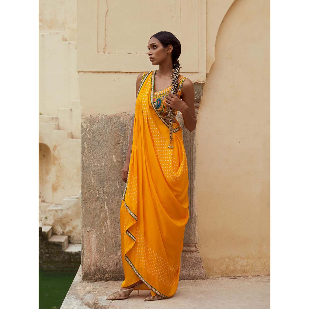 PINK CITY BY SARIKA Yellow Blouse with Skirt and Drape (Set of 3)