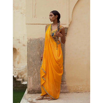 PINK CITY BY SARIKA Yellow Blouse with Skirt and Drape (Set of 3)