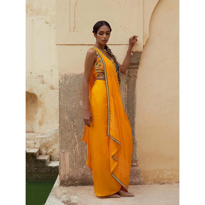 PINK CITY BY SARIKA Yellow Blouse with Skirt and Drape (Set of 3)