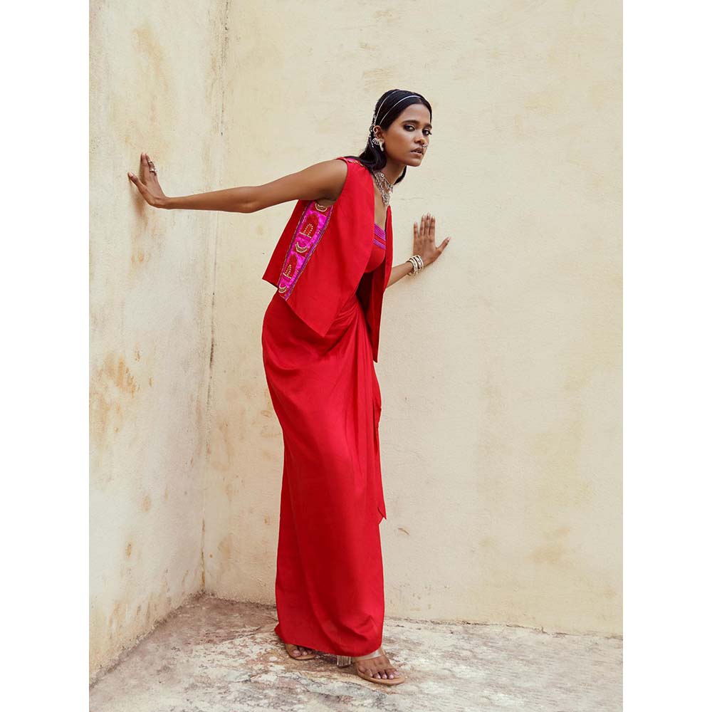 PINK CITY BY SARIKA Red Bustier with Skirt and Jacket (Set of 3)