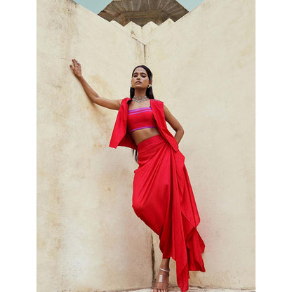 PINK CITY BY SARIKA Red Bustier with Skirt and Jacket (Set of 3)