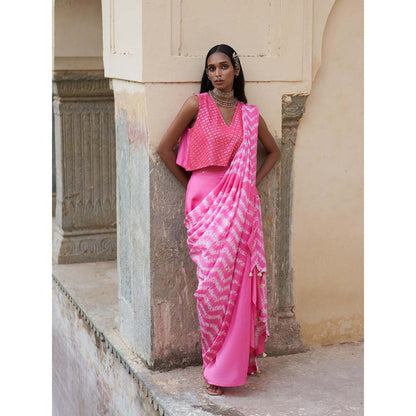 PINK CITY BY SARIKA Pink Printed Mekhla Top with Skirt Attached Draped Dupatta (Set of 2)